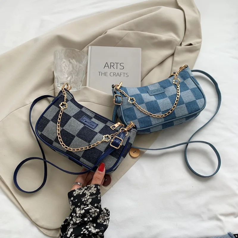 

LOOKVEED GIRL STORE 2021 Fashion Korean Version Of The New Female Bag Canvas Check Chain Handbag Shoulder Messenger Female Bag