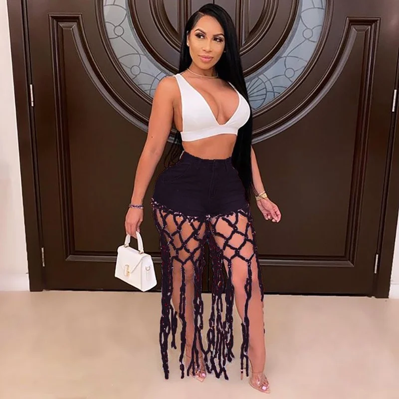 

Женские джинсовые брюки с высокой талией, эластичные джинсовые шорты с бахромой, женские повседневные уличные сексуальные брюки, новый сти...