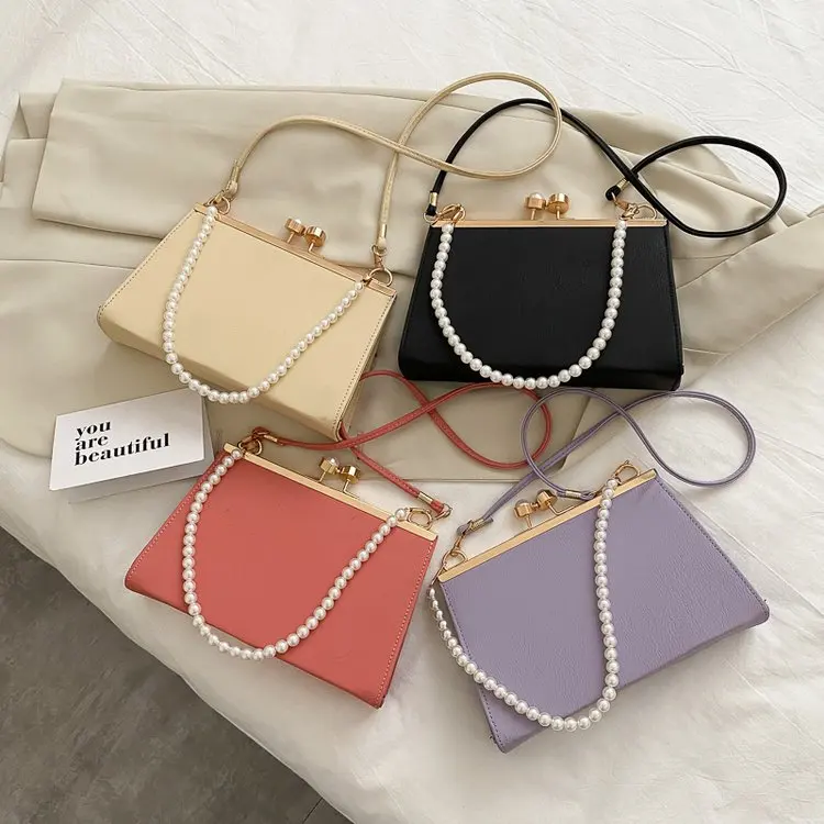 

Female Handbag Pearl Chain PU Leather Small Square Bag Wholesale Gift For Women 2021 Fashion Single Shoulder Crossbody Bag