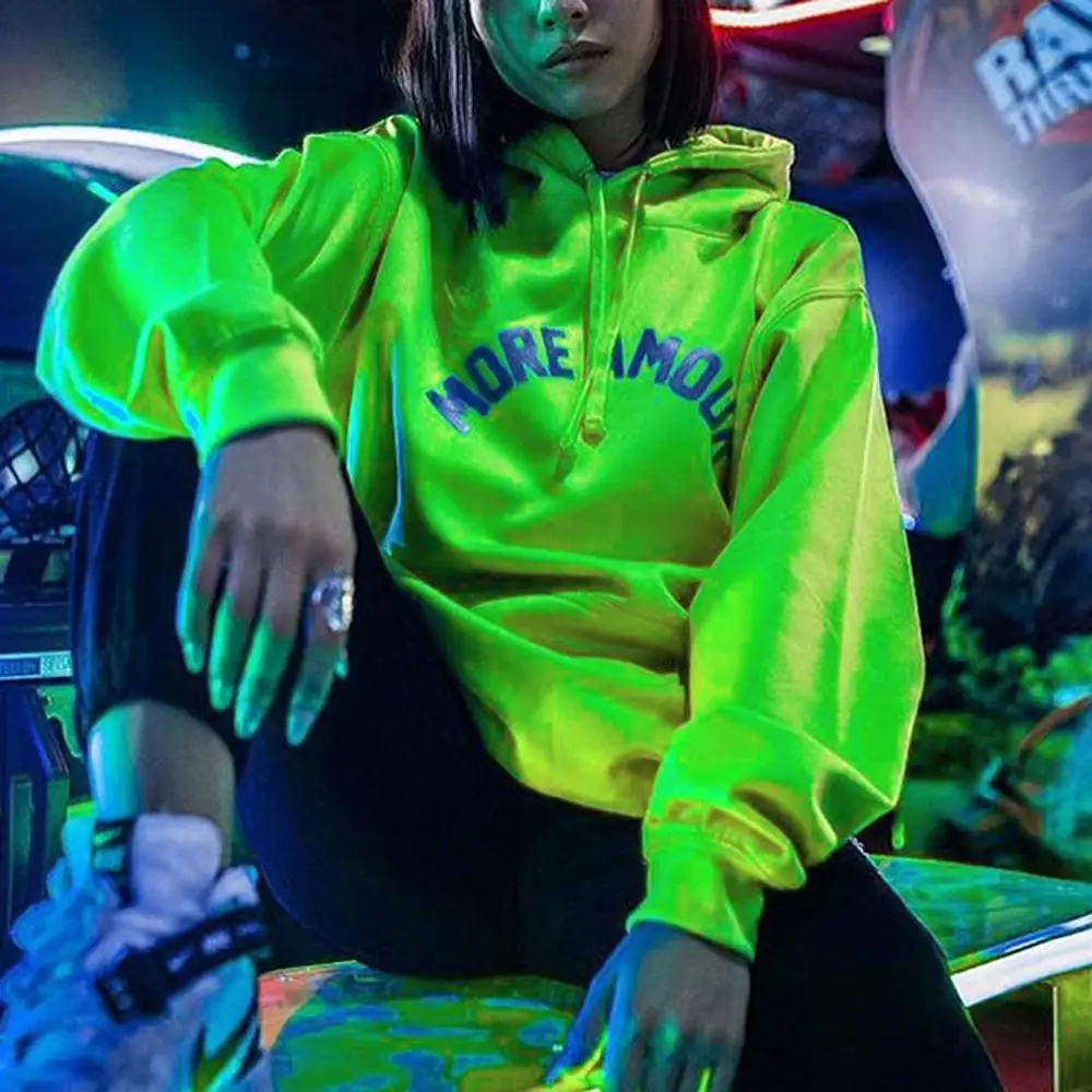 Неоново зеленый Женский Длинный свитшот с капюшоном осенне зимние пуловеры со