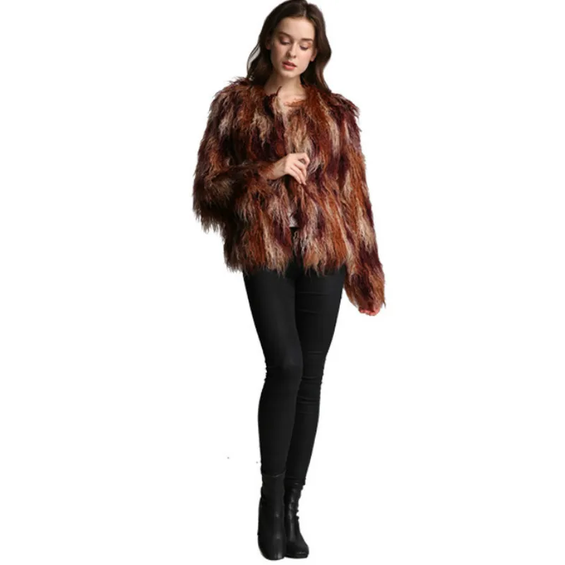 

Women's Imitation Fur Coat Mixed Color Beach Wool Hairy Bomber High Waist Faux Fur Cardigan Leopard Fluffy Shaggy Tops Tide