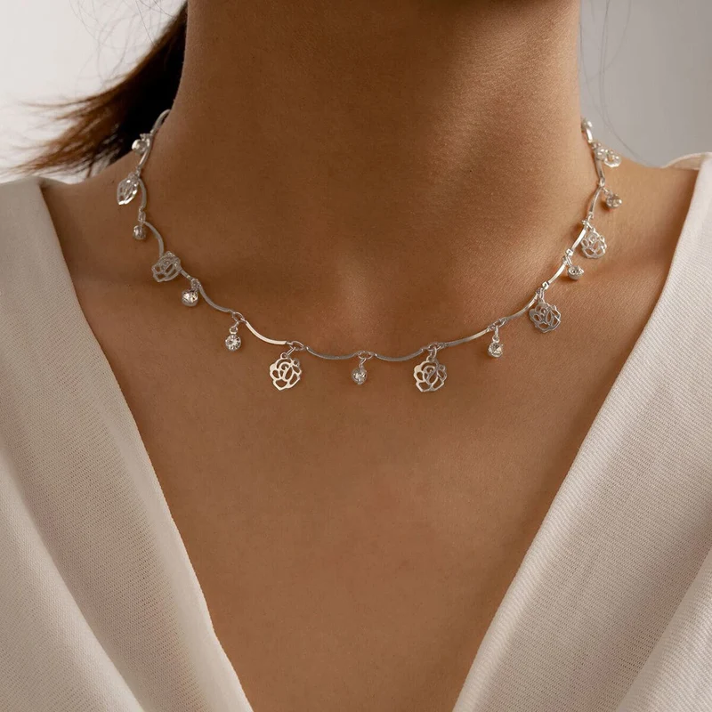 

Tocona Trendy Rose Flowers Tassel Clavicle Chain Necklace for Women Shinny Crystal Stone Wedding Jewelry Accessories Gift 15635