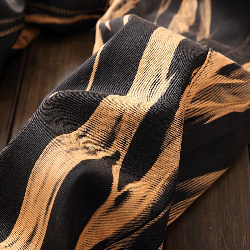 Washed Jeans Men's Personality Printed Skinny Jeans Mid Waist Stretch Straight Pants Vintage Denim Jeans for Men Streetwear