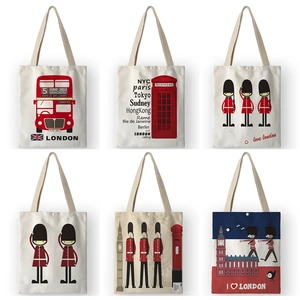 AKB01108, классические эко-сумки для покупок с принтом телефонной будки, женские сумки в британском стиле, школьные сумки для книг для студентов
