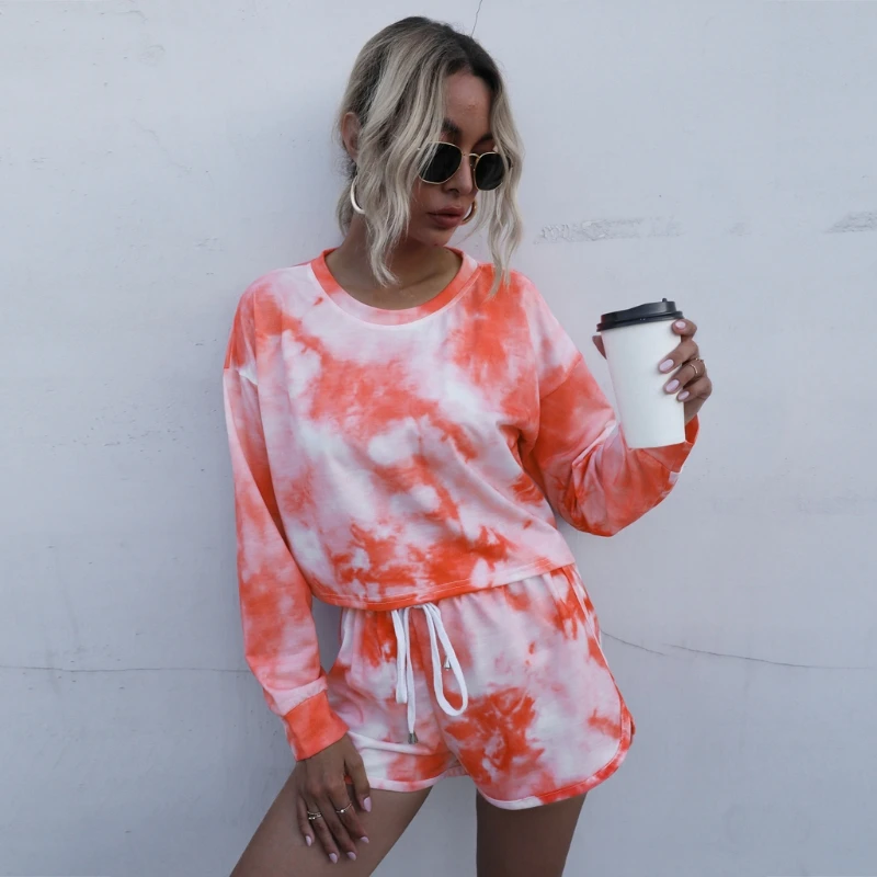 

Women Pajamas Two Piece Outfits Set Tie Dye Long Sleeves Pullover Shirt Shorts