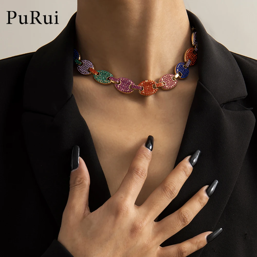 

PuRui Colorful Iced Out Cuban Link Chain Choker Luxury Shiny Crystal necklace for women Punk Neck Chains Gothic Jewelry Female