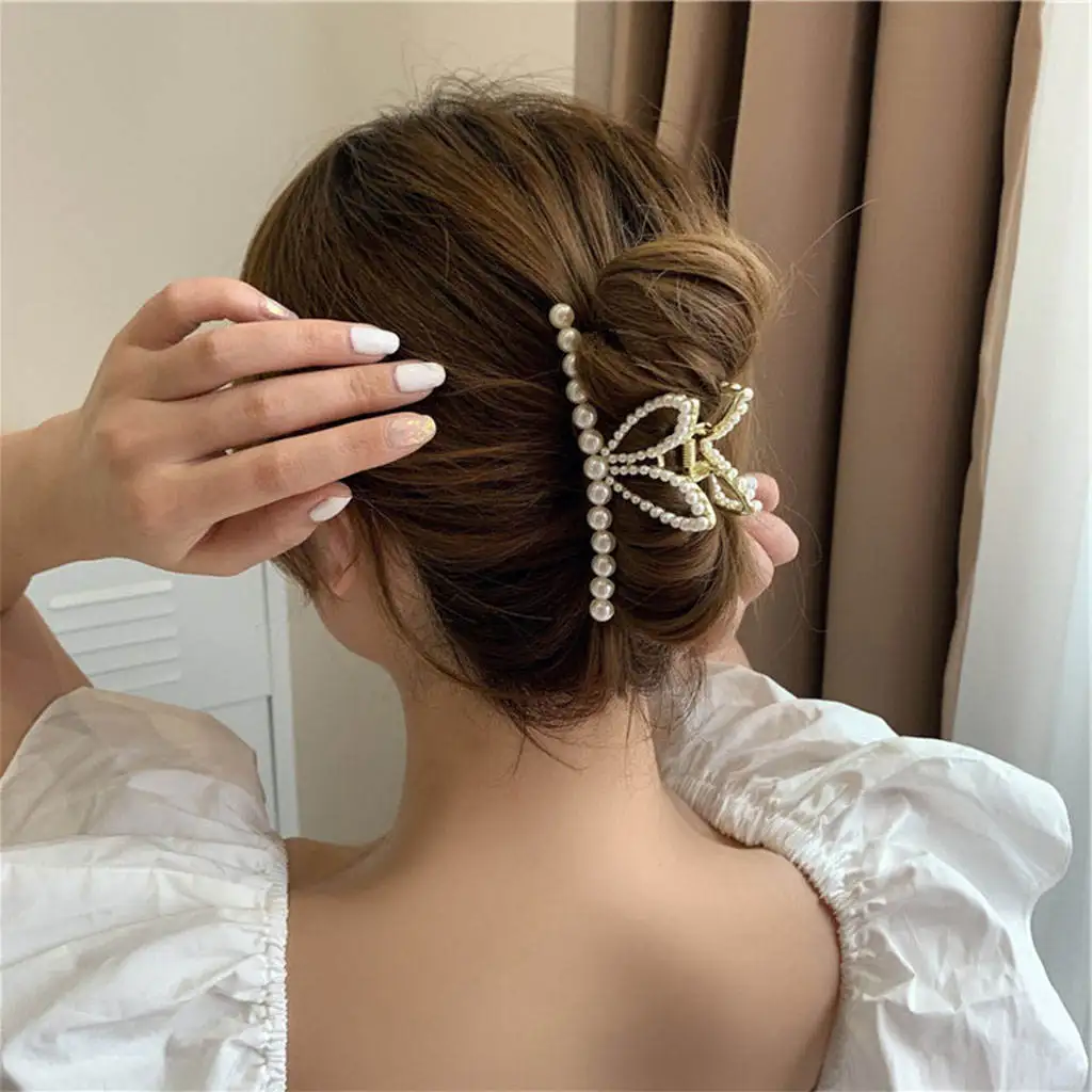 

Hair Claw Pearl Cross Catch Clip Female Summer Large Back Head Hairpin Shark Clip Hair Accessories Metal Hair Clip
