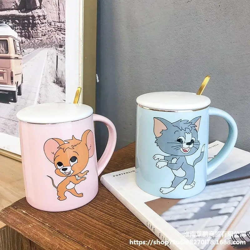

Симпатичная керамическая кофейная кружка Tom Cat, кружки с изображением Джерри, мыши, животных, кружки с крышкой, ложкой, креативная посуда для ...