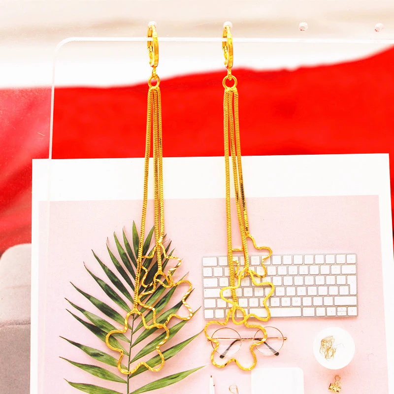 Fashion Statement Earrings 24k gold filled long drop earrings For Women pure color Hanging Dangle wedding Jewelry | Украшения и