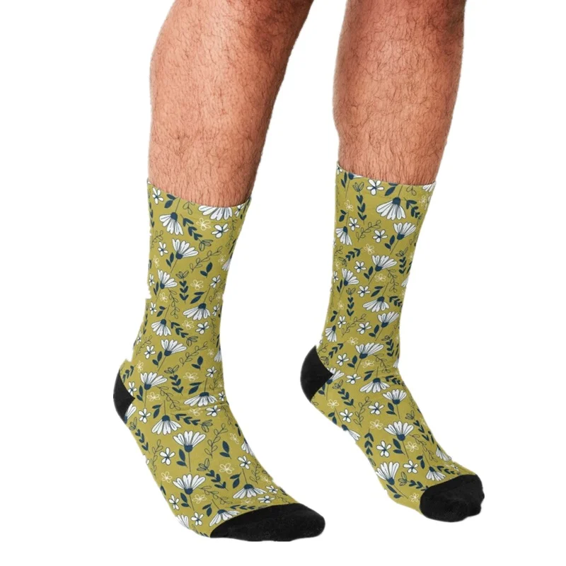 

Funny Men's socks Floral Print on a Mustard Pattern Printed hip hop Men Happy Socks cute boys street style Crazy Socks for men