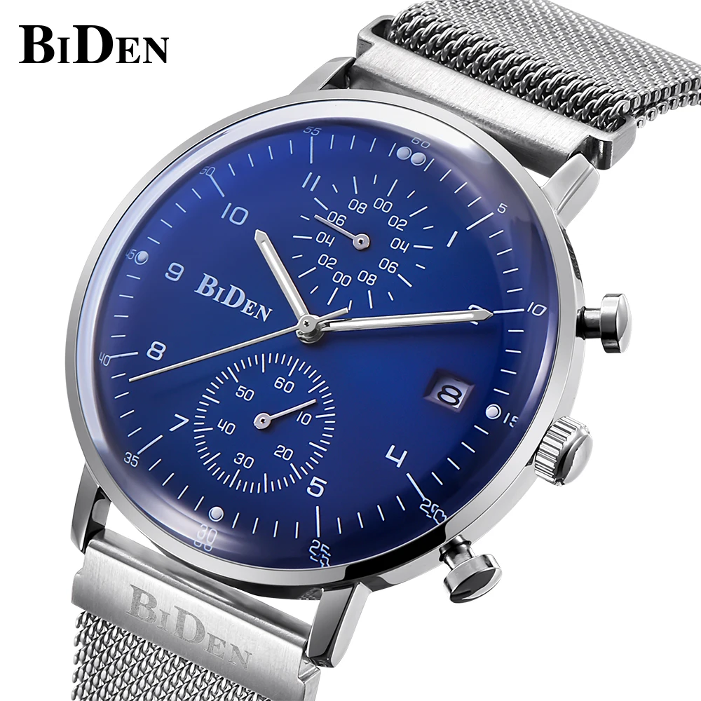 

BIDEN мужские модные ультра тонкие синие серебряные мужские кварцевые часы из нержавеющей стали водонепроницаемые наручные часы светящийся ...