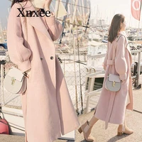 pink winter wool coat and jacket women korean long jacket warm elegant belt wool coat cashmere vintage coat cape femal