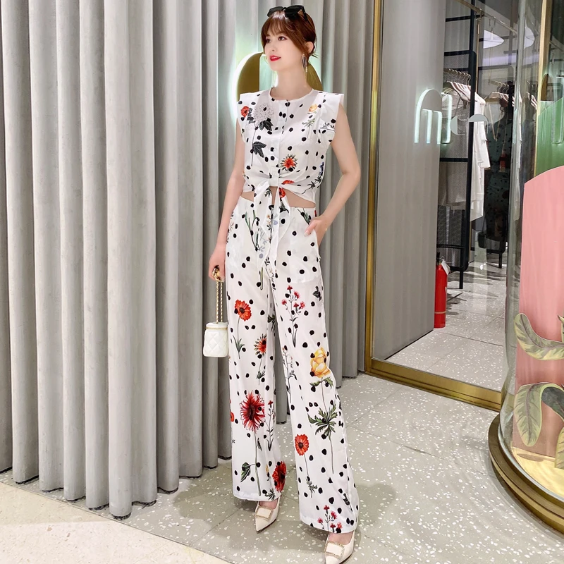 

Runway Summer New Female Sets Holiday Party Sleeveless Top + Fashion Straight-Leg Pants Comfortable Casual Print Two-Piece Suits