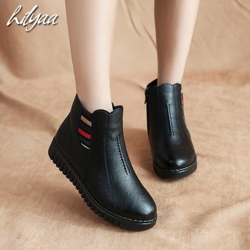 

HILYAA/Новинка; женские Теплые ботильоны; женская обувь из искусственной кожи с эластичным ремешком на молнии; обувь на плоской подошве с Плюше...