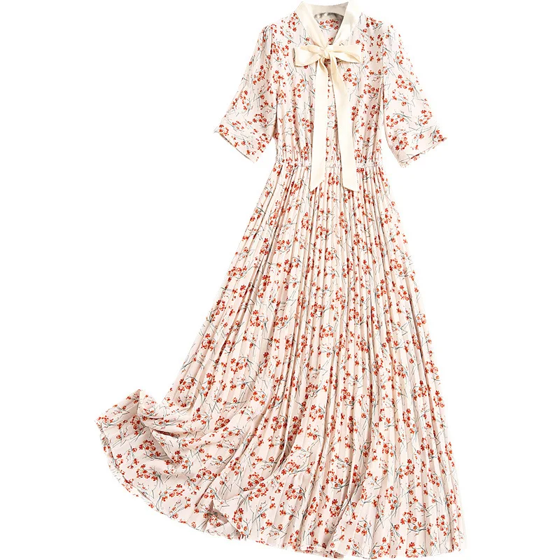 

Women floral print vintage fashion chiffon dress summer 2021 designer bow collar short sleeve elegant pleated midi dresses