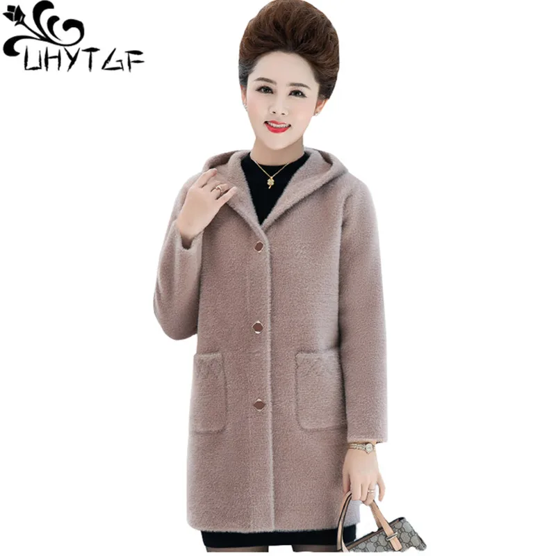 

Высококачественная Двусторонняя шерстяная Женская куртка UHYTGF средней длины, шерстяное пальто из норкового флиса на осень и зиму, верхняя одежда большого размера с капюшоном 1360