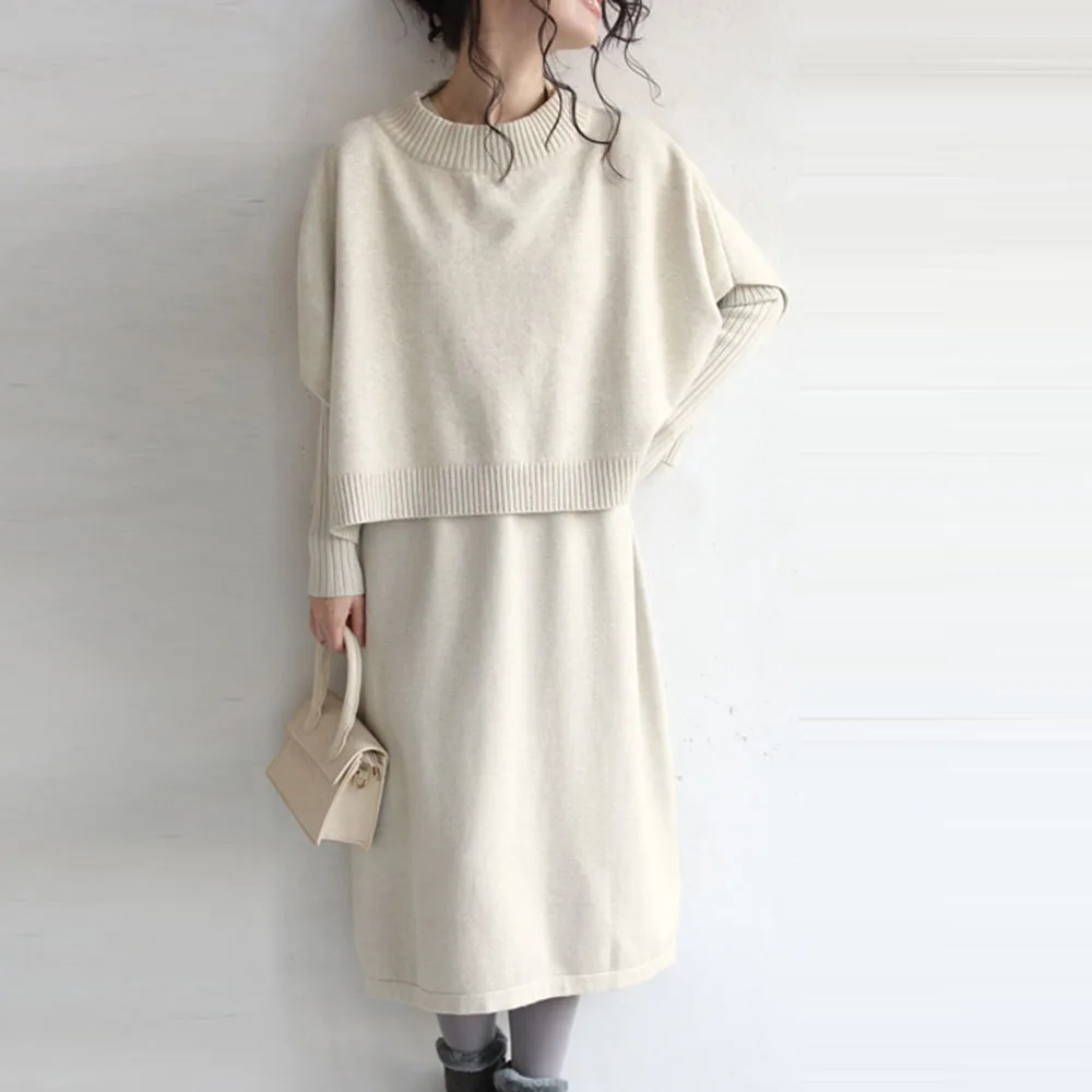 

2021 New Autumn Two Piece Sets For Women Solid Color Knitted Loose Blouse Top Elegant Pullover And Mid-length A-line Dress