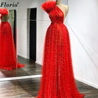 plus size red pearls prom dresses long one shoulder dubai cocktail party dresses for women 2021 elegant special occasion gowns