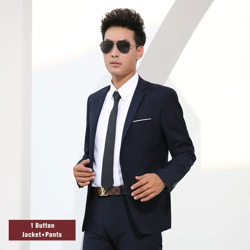 Shenrun Men Suits Slim Business Formal Casual Classic Suit Wedding Groom Party Prom Single Breasted Color Black Gray Navy Blue - Цвет: Navy Blue 1