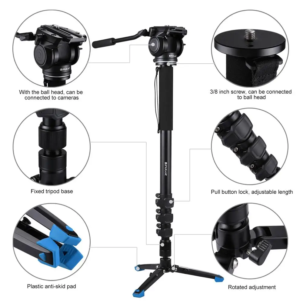 

Camera Video Monopod with Professional Fluid Drag Head Removable Telescopic Tripod Stand Base for DSLR Camera