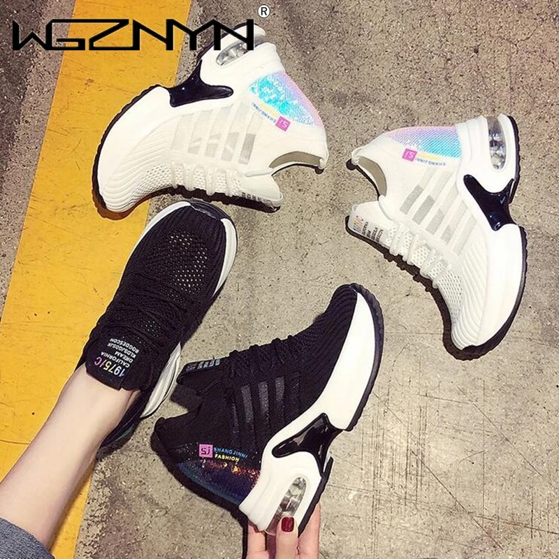 

Кроссовки женские вязаные на платформе, эластичная сетчатая Уличная обувь с блестками, на шнуровке, яркие осенние