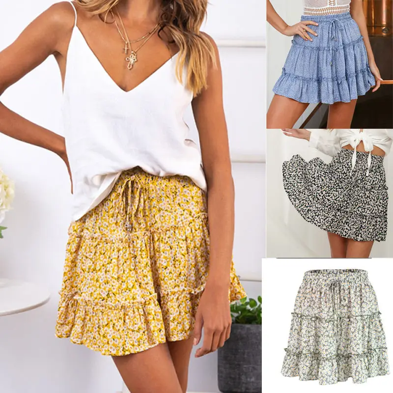 Юбка женская трапециевидная с высокой талией эластичная пляжная короткая в