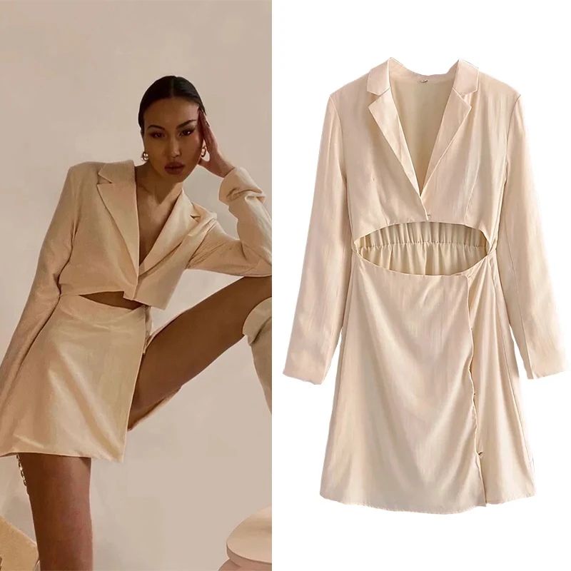 

WESAY JESI Summer Dresses 2021 Za Two Piece Blazers Dresses Cotton Long Sleeve Sexy Dress Office Formal Blazer Suit Hollow Out