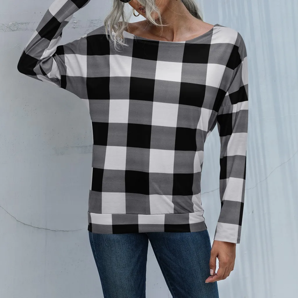 

Blouse Women New Fashion Modern Autumn Casual and Stylish Plaid Long Sleeve Top With an Off-The-Shoulder