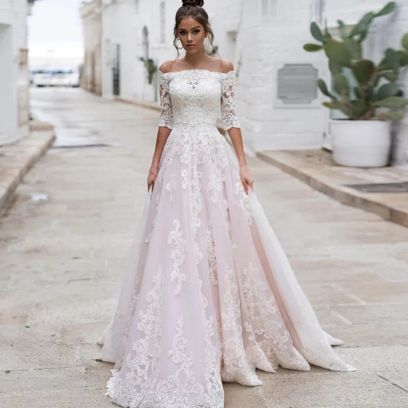

Charming Wedding Dress Boat Neck Floor-Length Button Backless Lace A-LINE Wedding Party De Fiesta Robe De Soiree