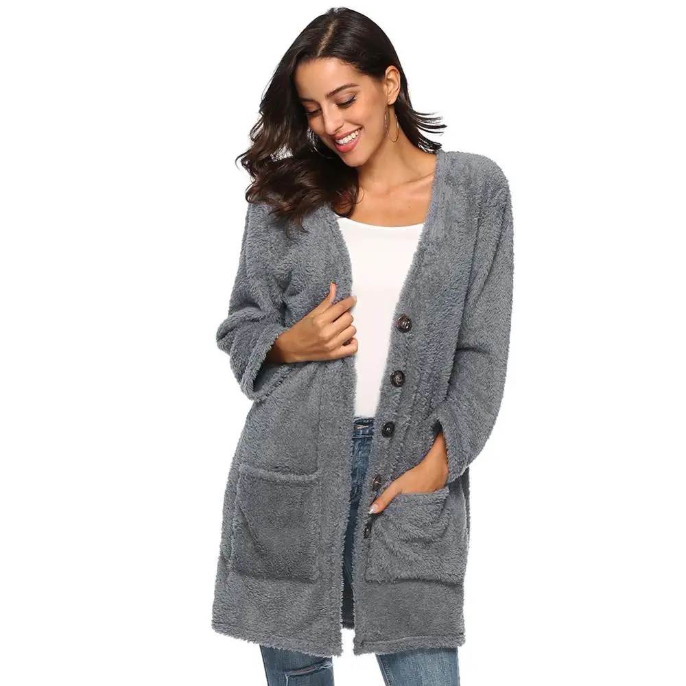 Женский теплый флисовый кардиган пушистая верхняя одежда с длинными рукавами и