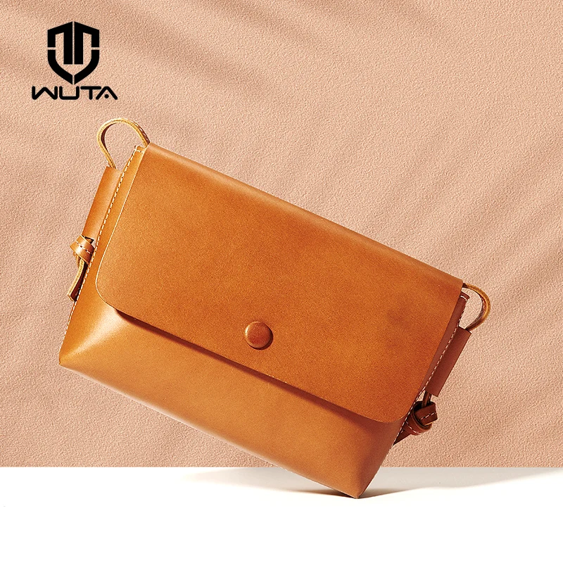 

WUTA Handmade Women Crossbody Bag Vegetable Tanned Leather Retro Small Flap High Quality Lady Shoulder Bags Black Brown Coffee