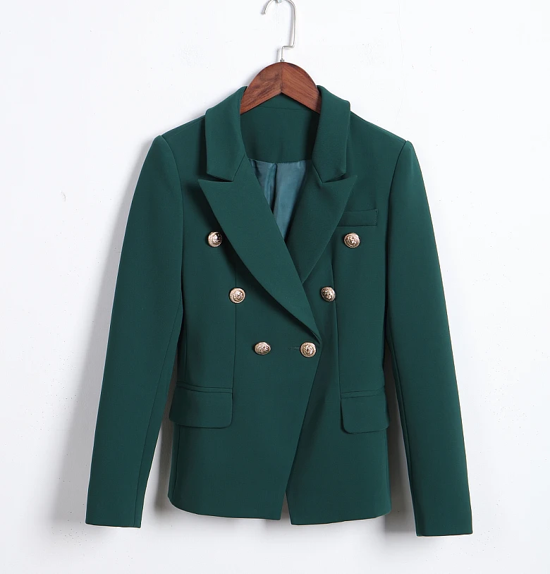 

Ladies Blazer Double-Dreasted Metal Buckle Business V-Neck Dark Green Blouse