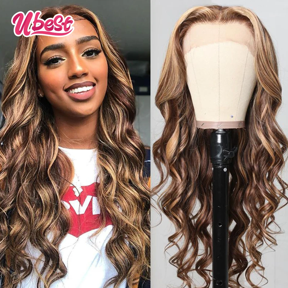 

Ubest Honey Blonde Highlight Body Wave Human Hair Wigs Ombre Color 13x4 Lace Front Wigs Peruvian Virgin Transparent Lace Wigs