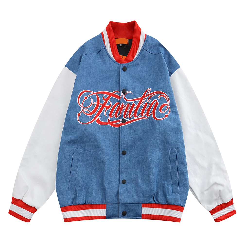 

Dark Icon Color Block Ribbon Denim Baseball Jacket Men Leather Sleeve Patchwork Street Fashion Men's Jackets Black White