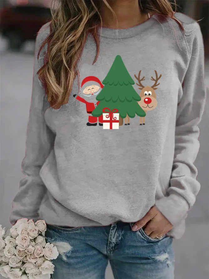 

Christmas Tree Printed Hoodies Women Fleece Long Sleeve O Neck Loose Sweatshirt Girls Women Hoodie Pullovers Winter