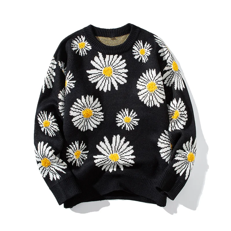Large Daisy Pattern Sweater Men'sKorean Stylish Pullover Oversize Green  Knitted Jumpers Vintage Male Winter Christmas Jersey