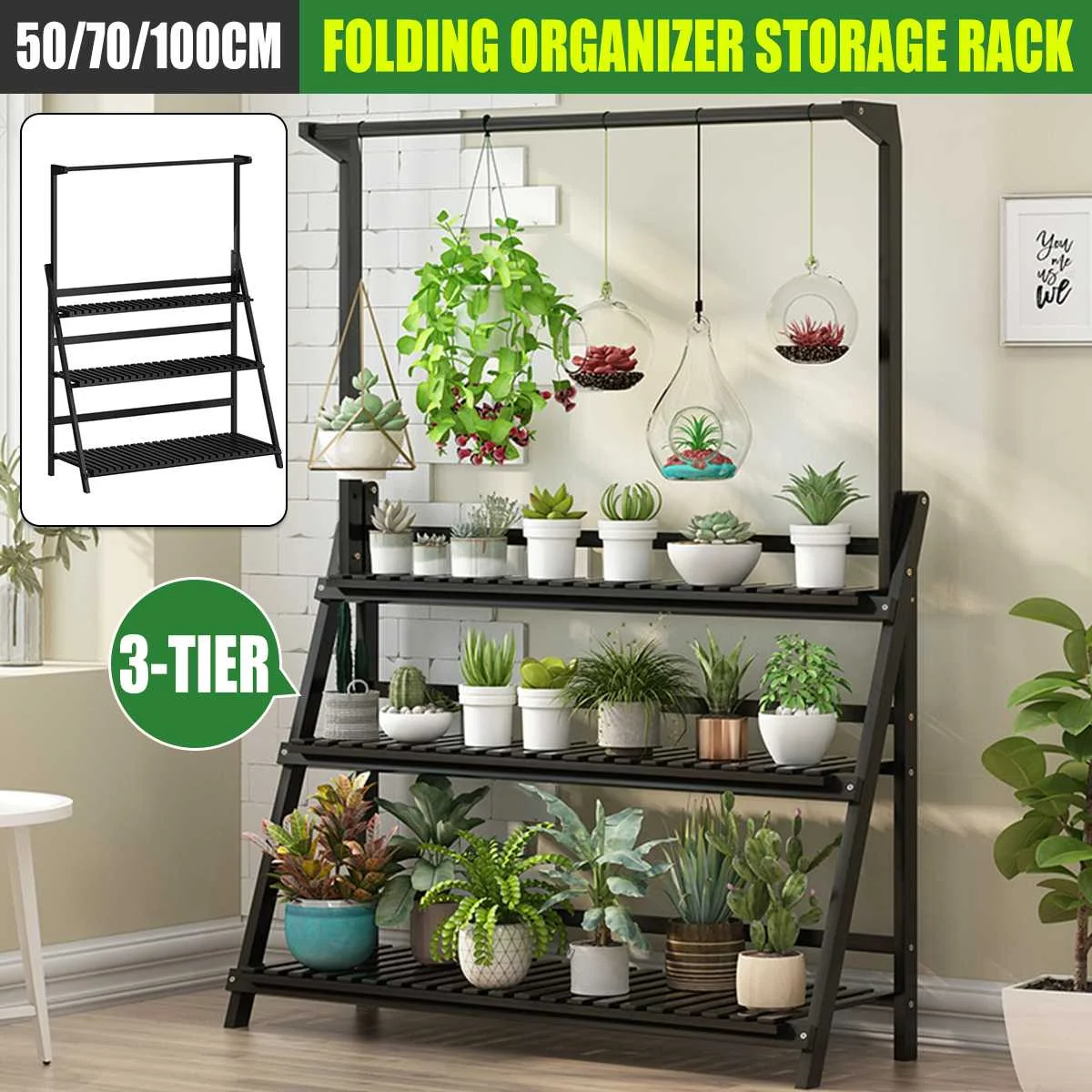 

3 Tier Folding Plants Shelves Flower Rack 50/70/100cm Wooden Ladder Shelf Cabinets Storage Furniture For Indoor Outdoor Garden