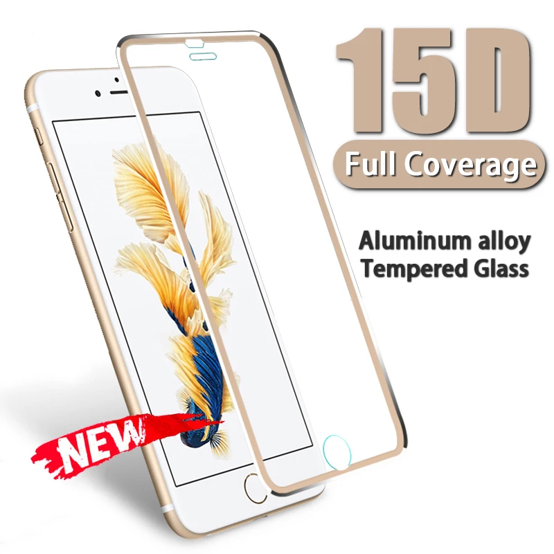 Закаленное стекло 15D с краями из алюминиевого сплава для iPhone 7 6 8 6s Plus защитная