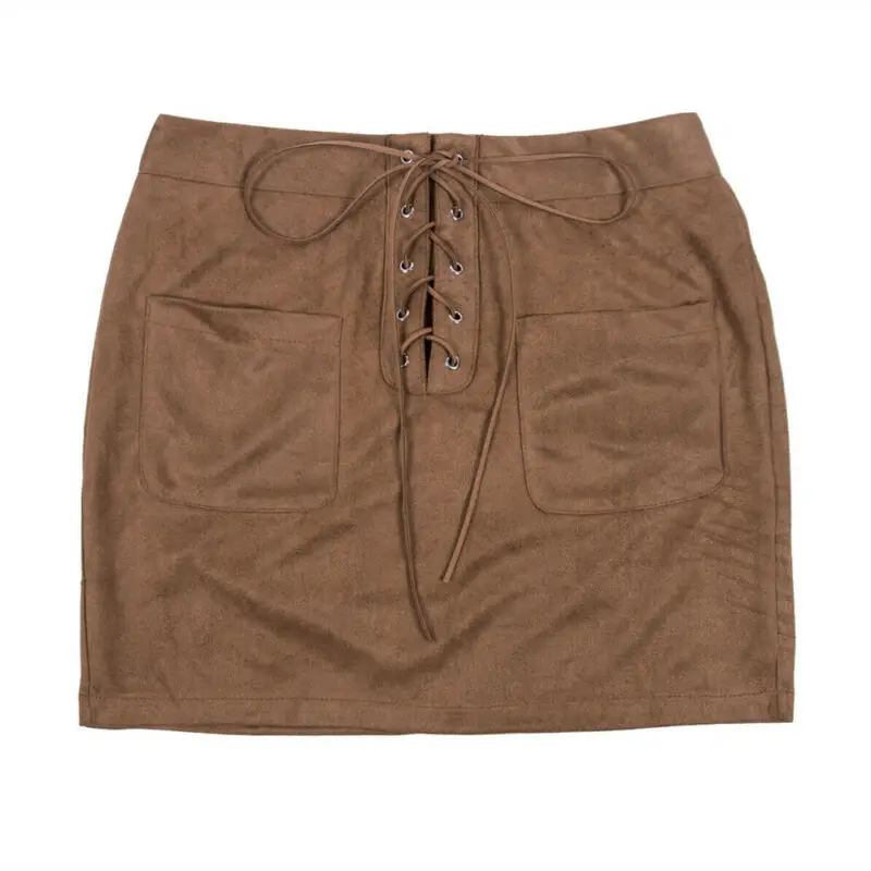 Женская кожаная замшевая короткая облегающая мини-юбка-карандаш на шнуровке с