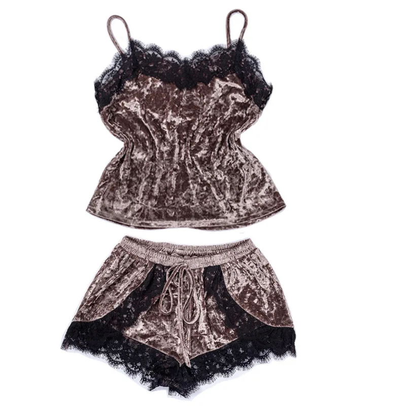 

Lace Cami Tops Shorts Women Nightwear Autumn Winter Home Suit Ladies Sleepwear Velvet Brown Pajamas Set