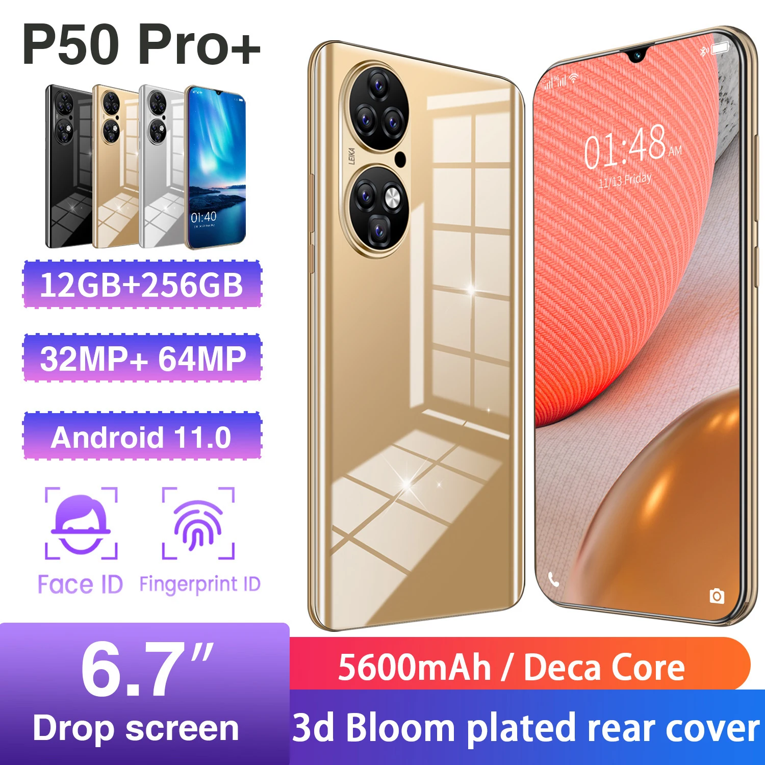 

Global Version P50 Pro+ 6.7Inch 12GB+256GB 32MP+64MP MTK6893 10 Core 5G Network 14403200 5600MAH Face ID Android 11.0