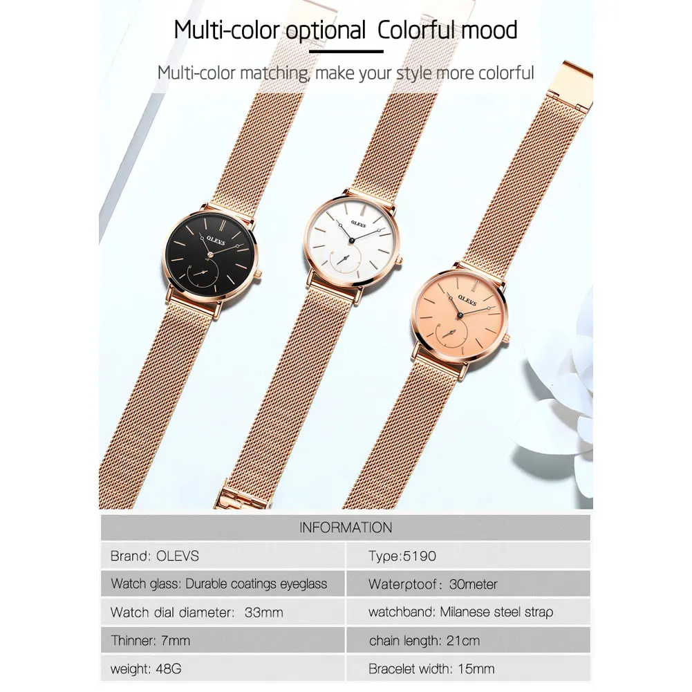 

OLEVS Women Watches Simple Fashion Waterproof Rose Gold Mesh Belt Ultra Thin Quartz Ladies Wristwatches Gifts for Womens