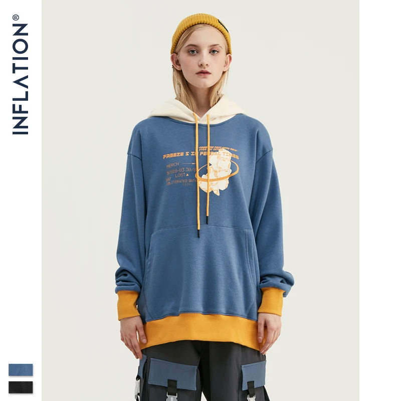 INFLATION Design Loose Fit Hoodie Men Winter Hoodies Colour Block With Print Logo Streetwear Mens Fleece Cotton 9632W | Мужская одежда