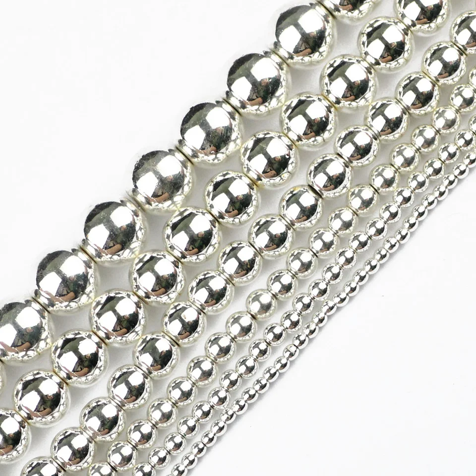 

YHBZRET White gold Color Hematite beads Natural Stone 3/4/6/8/10mm Loose beads Jewelry Making bracelet necklace DIY Accessories