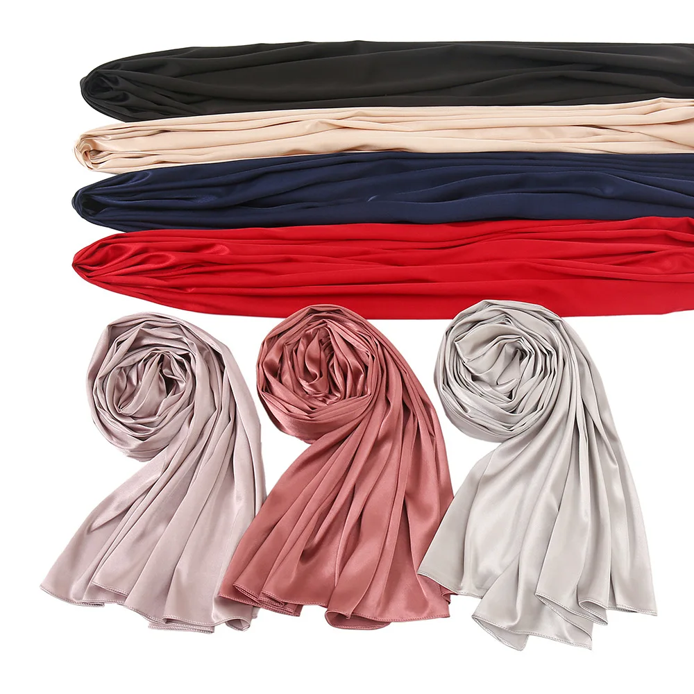 

High quality Women's Solid color satin Silk scarf plain women's head shawl headband plain hijab wrap