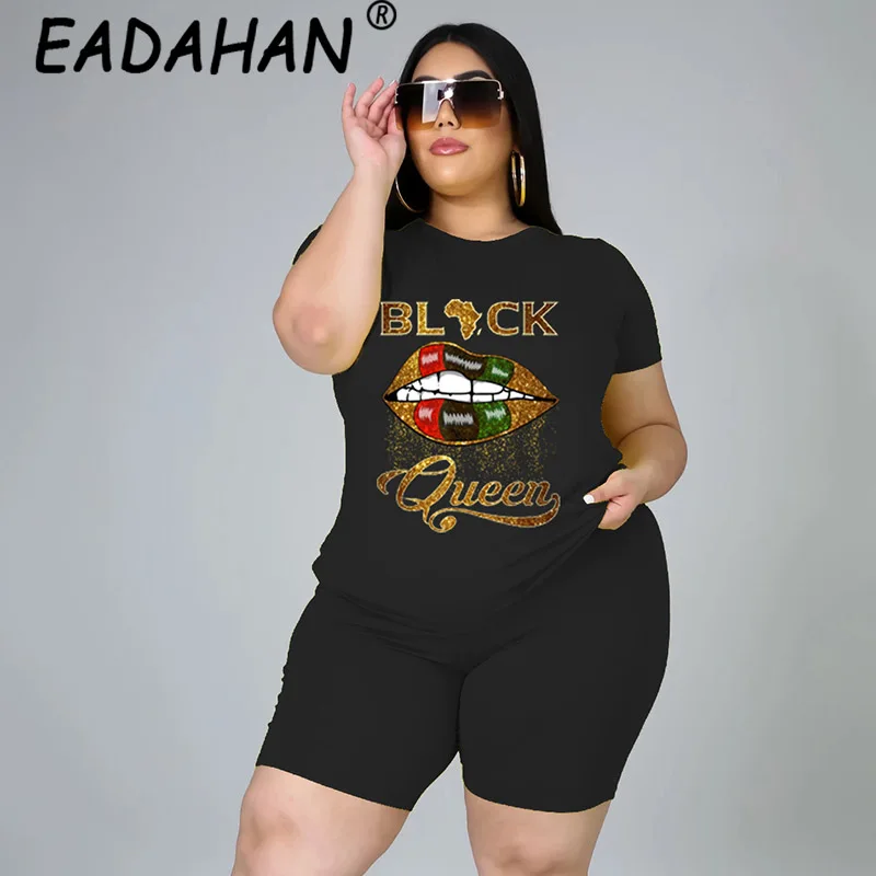 

Eadahan 2021 New Summer Season Plus Size Women's Lips Blackqueen Pattern Printing Casual Sports Two-piece Suit