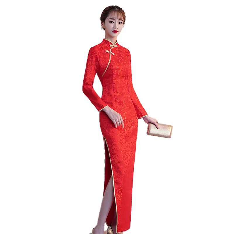 

Bride Wedding Dress Women Elegant Slim Chinese Style Stage Show Cheongsam Mandarin Collar Retro Qipao Classic Oriental Red
