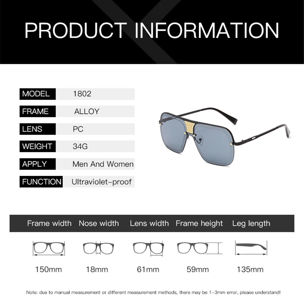 

Fashion Oversized Square Rimless Sunglasses Brand Designer Big Frame Eyewear For Female UV400 Sun Glasses oculos masculino