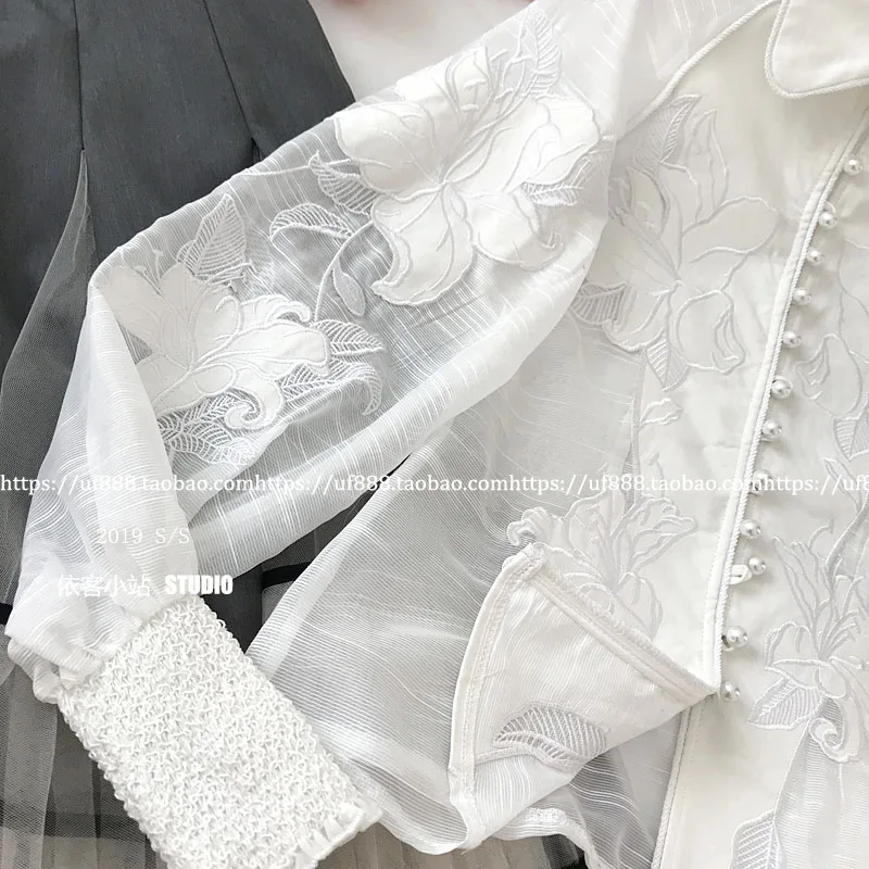 Новая весенняя женская элегантная рубашка с цветочной вышивкой и жемчужинами