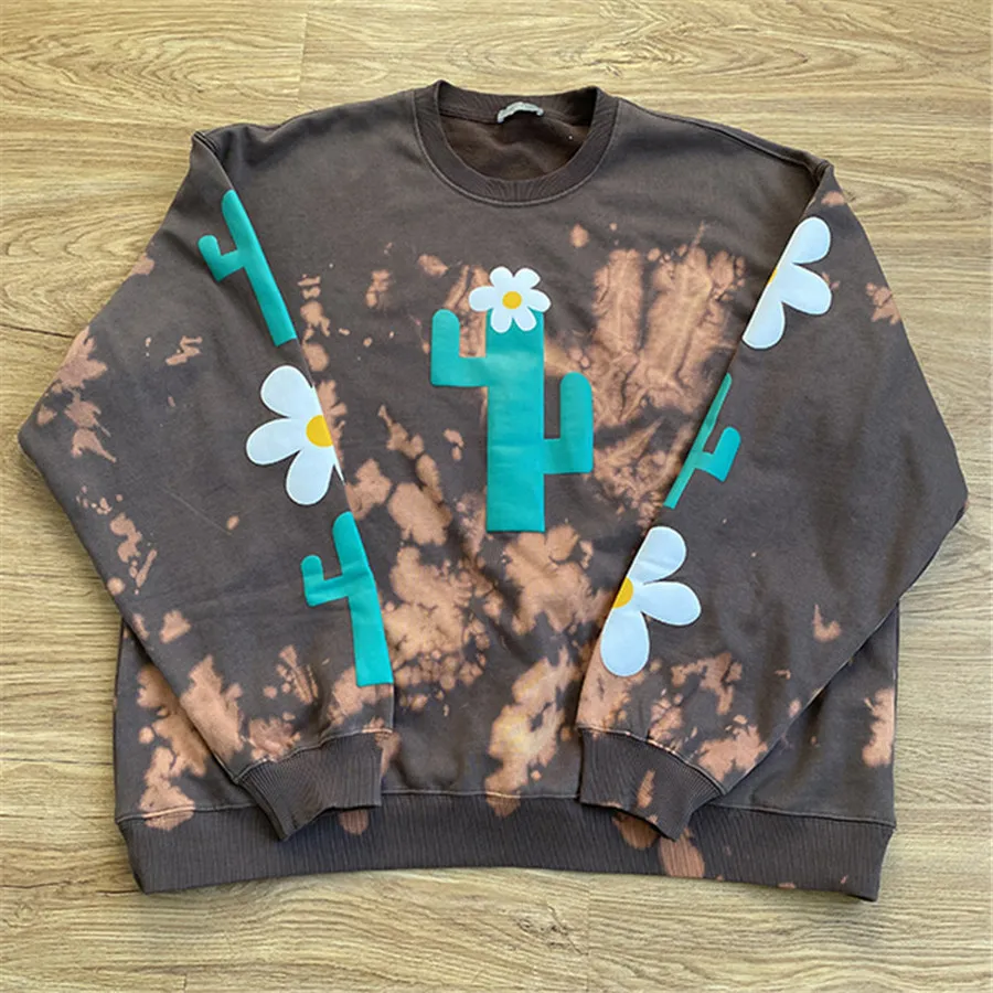 

Tie dye Foaming Printing Cactus Sweatshirts Men Women Old Wash Hoodies Crewneck clothes harajuku streetwear